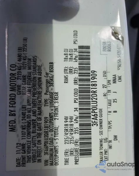 2013 Ford Fusion Se Hybrid z USA, uszkodzony, nr VIN 3FA6P0LU2DR181909